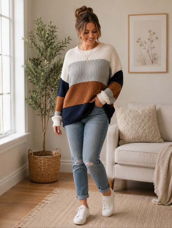 Merokeety Sweaters - Merokeety Women’s XL Chunky Knit Color Block Sweater Crewneck Cozy Fall